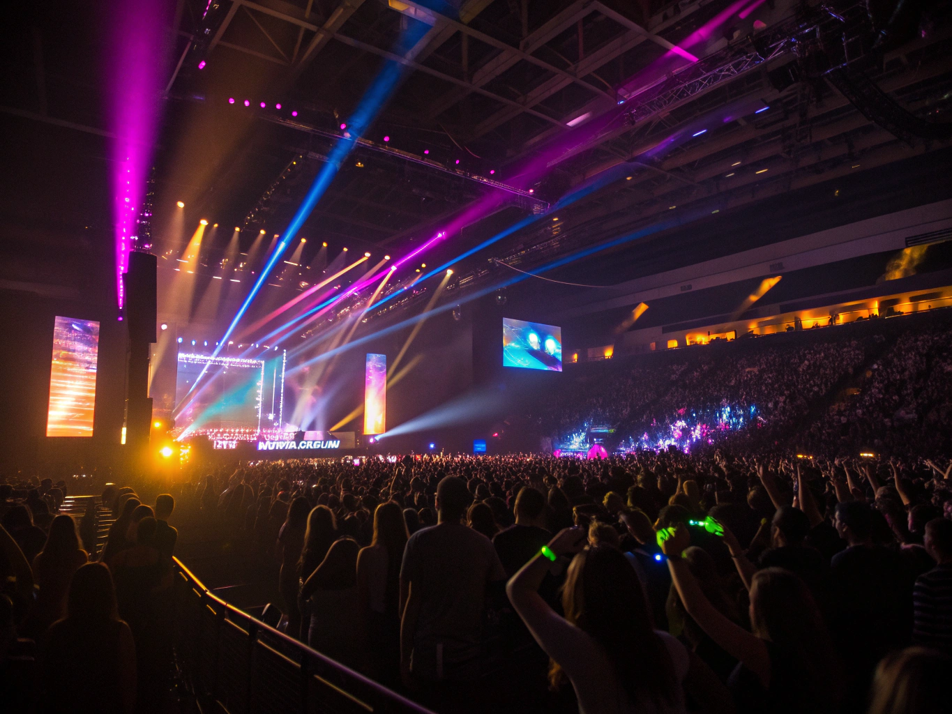 Crowd hands reaching toward magenta stage lights