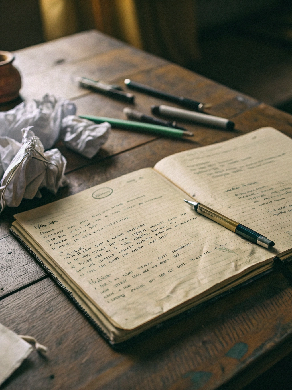 Handwritten lyrics on a desk with a single spotlight
